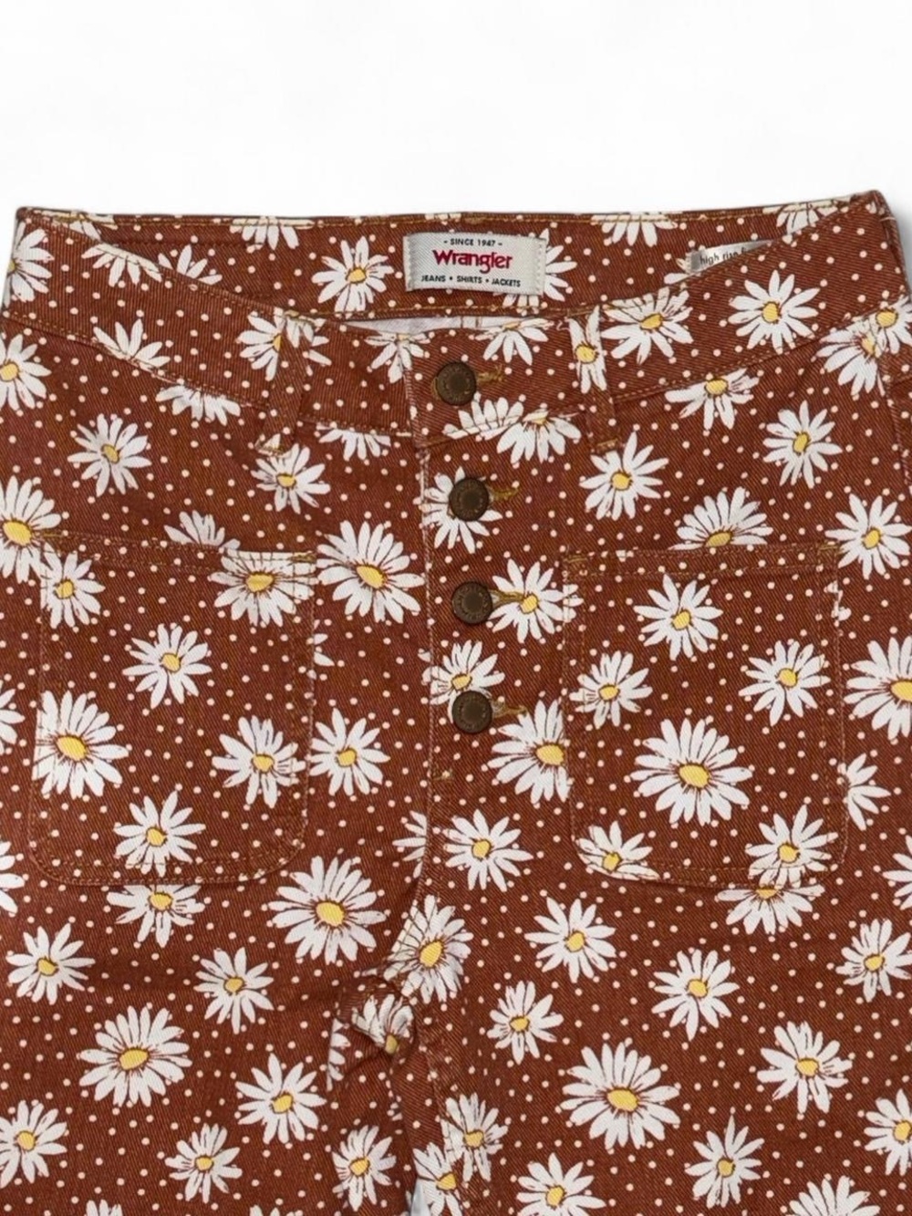 Wrangler Brown Daisy Print Flare Jeans with White & Yellow Floral 2x32 EUC High - Picture 4 of 8
